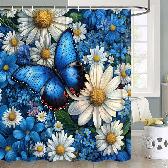 Blue Butterfly Shower Curtain, White Blue Daisy Floral Flowers Shower ...