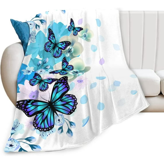 Blue Butterfly Soft Throw Blanket All Season Microplush Thick Warm Blankets Tufted Fuzzy Flannel Throws Blanket for Bed Sofa Couch 80"x60"