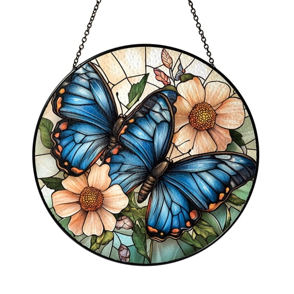 Blue Butterfly Stained Glass Suncatcher, Floral Garden Window Hanging Decor, Round Nature Art Panel, Spring Inspired Home Accent Ornament Gift for Her