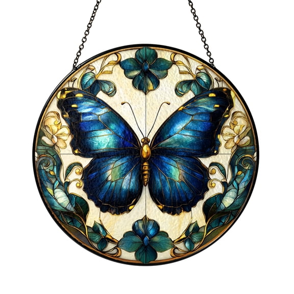 Blue Butterfly Stained Glass Suncatcher – Round Window Hanging with Green Floral Scrolls