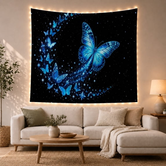 Blue Butterfly in Starry Sky Cosmic Whimsical Fantasy for Nature Lovers Celestial Home Decor Birthday Gift Tapestry Wall Hanging for Bedroom, Living Room and Dorm
