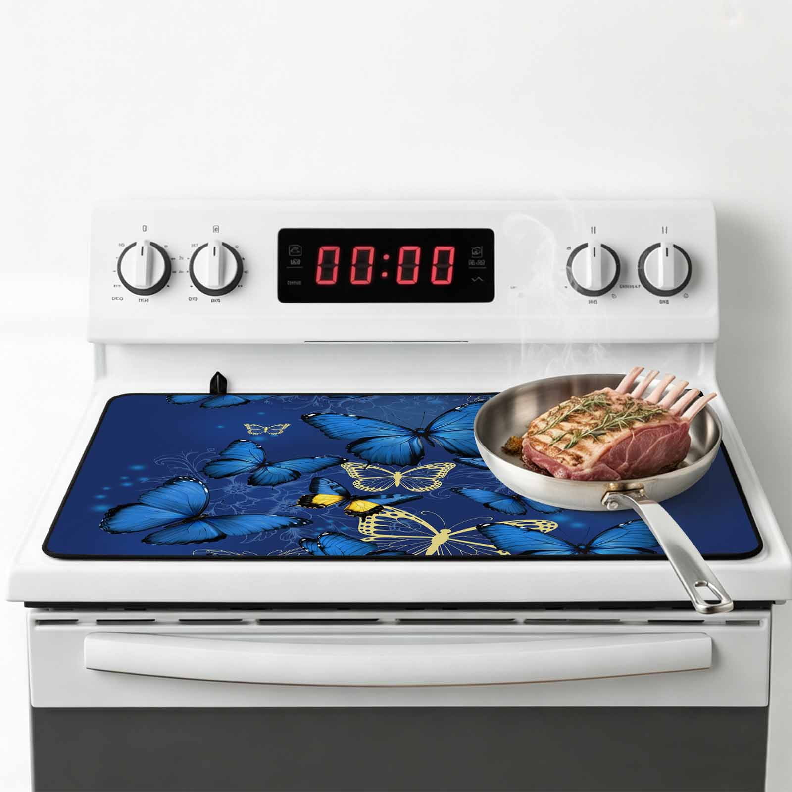 Blue Butterfly Stove Top Cover for Electric Stove, Heat-proof & Non Slip Glass Top Stove Cover Protector, Farmhouse Modern Nature Animals Art Kitchen Flat Cooktop Rubber Mat 24x21 Inches