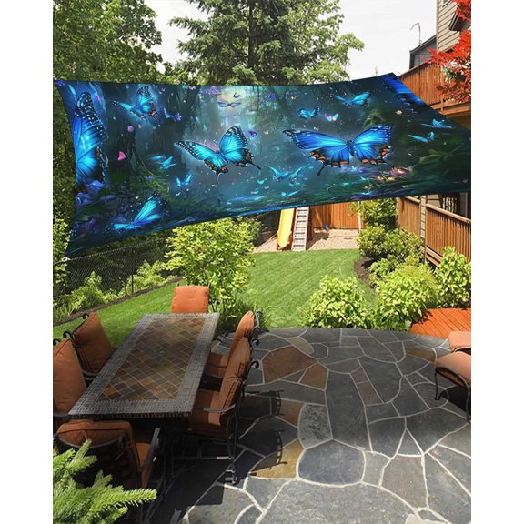 Blue Butterfly Sun Shade Sail 6.5'X10' Shiny Dream Flower Forest Nature Plant UV Block Outdoor Sail Shades Breathable Waterproof Rectangular Sunshade for Patio Garden Pool Pergola Porch