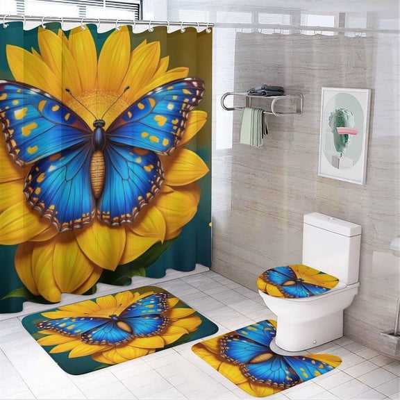 Blue Butterfly Sunflower Print Shower Curtain Sets Non-Slip Rugs Bath Mat Toilet Cover U Shaped Mat 4 Pcs