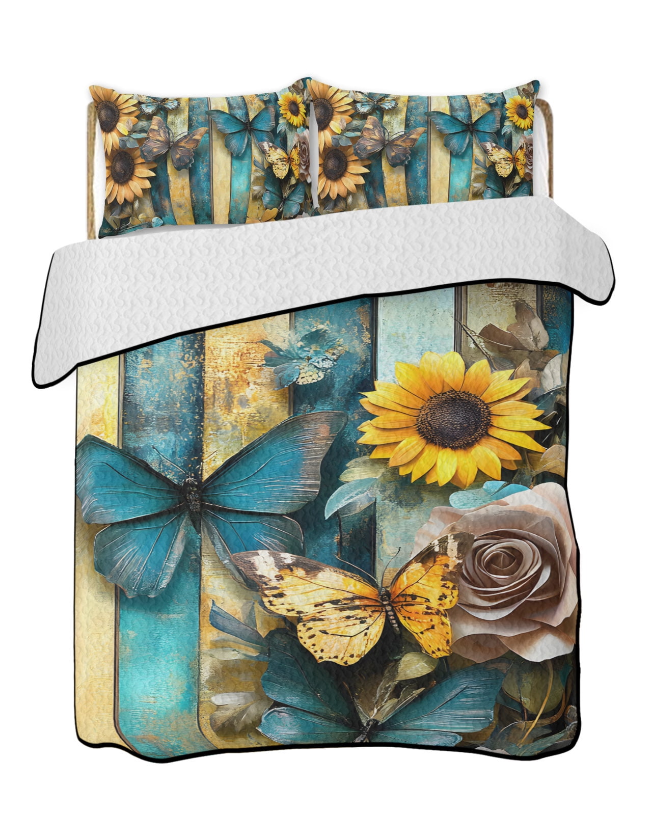 Blue Butterfly Sunflower Quilts Bedding Set Queen Size Rose Flower ...