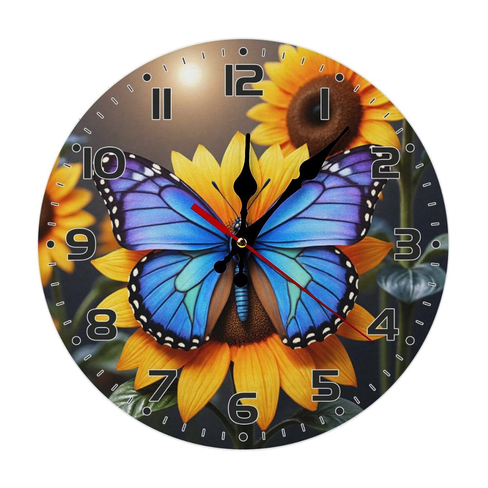 Blue Butterfly Sunflower Wall Clock 10 Inch Silent Non Ticking Round ...