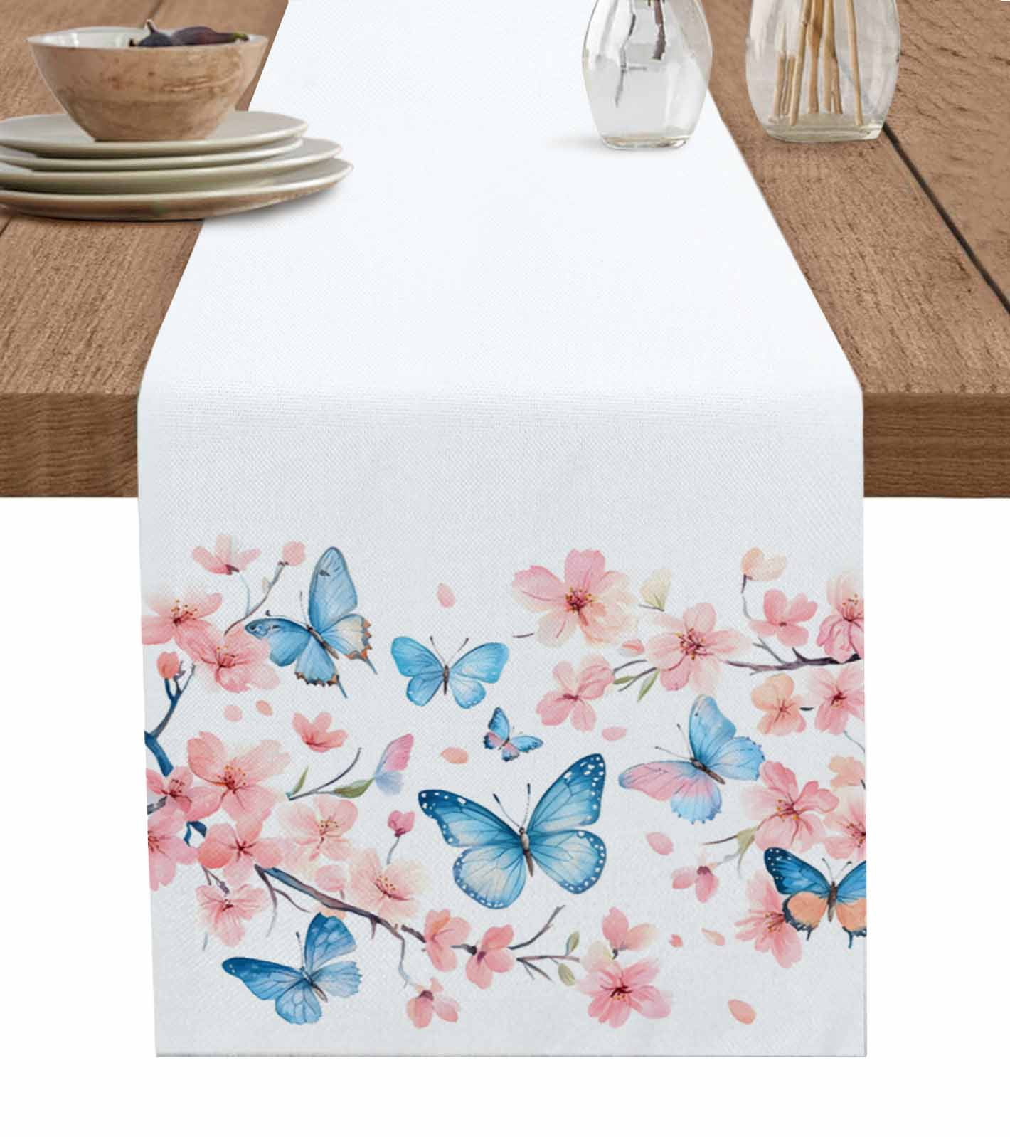 Spring Table Runner 108 Blue Butterfly Table Runner 108 Inches, Watercolor Spring Natural ...