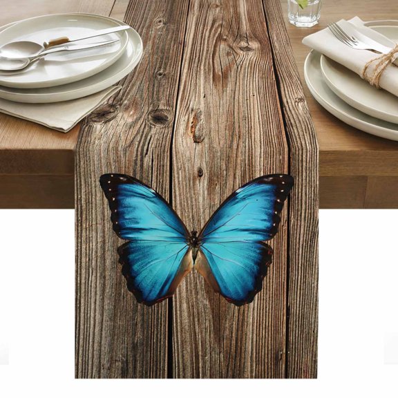 Blue Butterfly Table Runner 13 x 108 Inch, Vintage Brown Wood Grain Retro Bug Washable Cotton Linen Dining Table Runner Tabletop Decorations for Restaurant Home Kitchen Party
