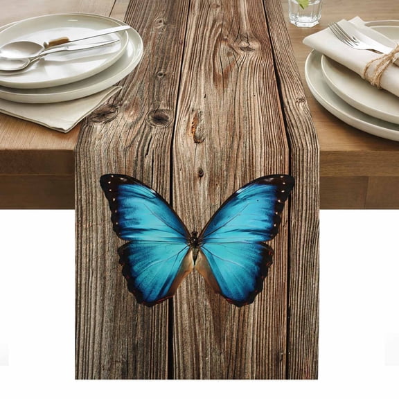Blue Butterfly Table Runner 13 x 36 Inch, Vintage Brown Wood Grain Retro Bug Washable Cotton Linen Dining Table Runner Tabletop Decorations for Restaurant Home Kitchen Party