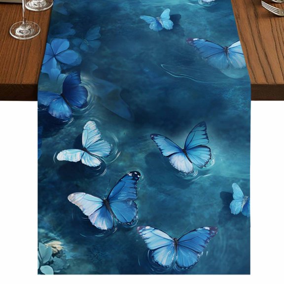 Blue Butterfly Table Runner 70 Inches Long, Modern Elegant Water Ripples Cotton Linen Table Runners Dresser Scarves, Decorative Fabric Tabletop Scarf Furniture Cover for Home Dinner Party 13"x70"