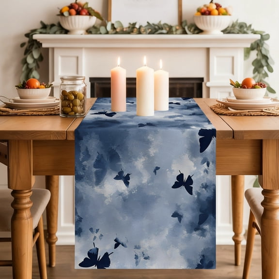 Blue Butterfly Table Runner, Foggy Navy Blue Butterfly Silhouette Washable Cotton-linen Table Runners Dining Kitchen Decoration for Everyday Home Wedding Party Decor, 13 x 36 Inch