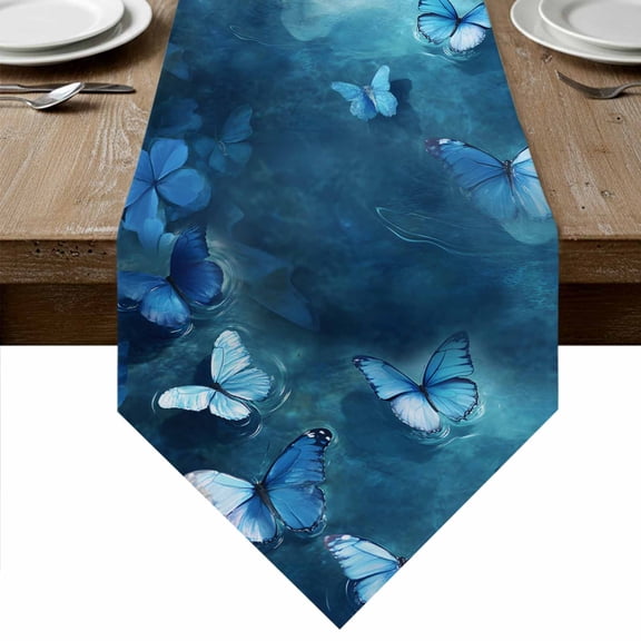 Blue Butterfly Table Runner Linen Burlap Table Runner 36 Inches Small Modern Elegant Water Ripples Dresser Scarves for Kitchen Island Coffee Dining Room Party Wedding Banquet Holiday Decor 13"x36"
