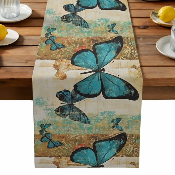 Blue Butterfly Table Runner, Vintage Kitchen Table Runners Dress Scarves for Table Decorations Party/Restaurant/Indoor Outdoor Use, 13x36in