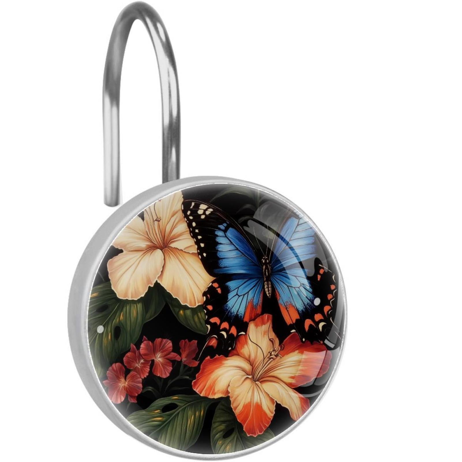 Blue Butterfly on Tropical Hibiscus Leave Shower Curtain Hooks Round Crystal Glass, Set of 12 Shower Curtain Rings - Shower Hooks for Curtain Shower Rings