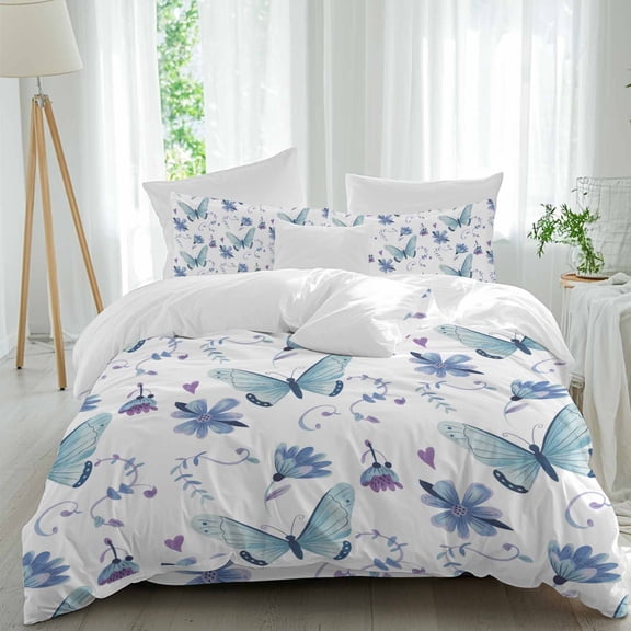 Blue Butterfly Twin Size Comforter Set, Purple Flower Spring Floral Plant Simple Bedding for All Seasons, 4 Pcs Bed Set, 1 Quiltcover (68"x86") ,1Sheet(67"x116"), 2Pillowcases (30"x20")