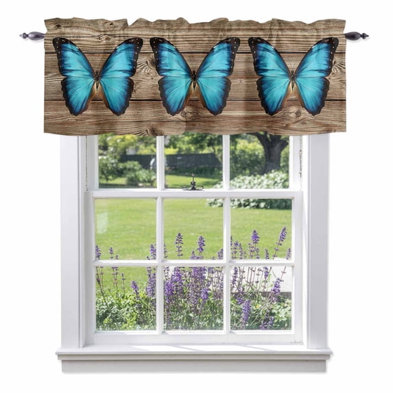 Blue Butterfly Valance Curtain Vintage Brown Wood Grain Retro Bug Window Valances Rod Pocket Short Curtains Window Treatments for Kitchen Bedroom Bathroom Laundry 56" x 16"