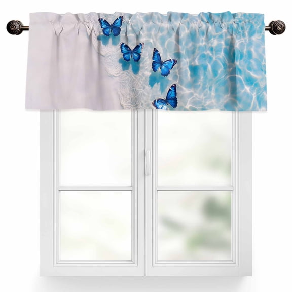Blue Butterfly Valances for Windows, 42 x 18in, Ocean Water Beach Scenery Rod Pocket Kitchen Valance Curtain Light Filtering Window Treatments for Living Room Bedroom, 1 Panel