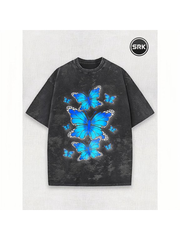 Blue Butterfly Vintage Oversized Washed High Street Grunge Y2K Short Sleeve Crewneck Cotton Unisex Men's Women's Tee Shirt