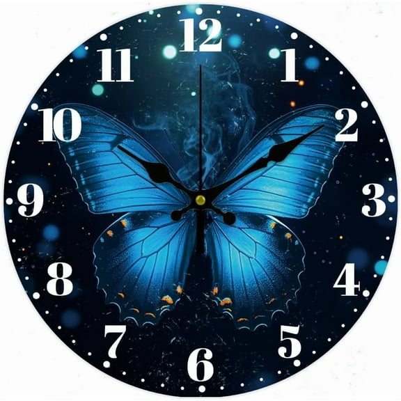 Blue Butterfly Wall Clock 12 Inch Fantasy Battery Operated Wall Clock Non Ticking Silent Decorative Clock for Living Room Office Bedroom Home Decor Colorful