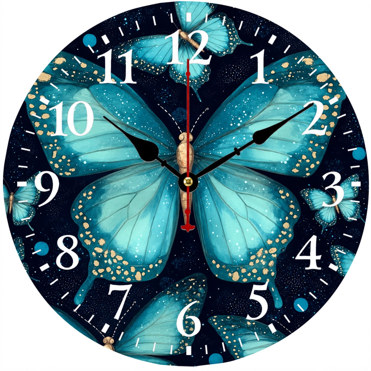 Blue Butterfly Wall Clock 9.84 Inch, Decorative Round Analog Clock with ...