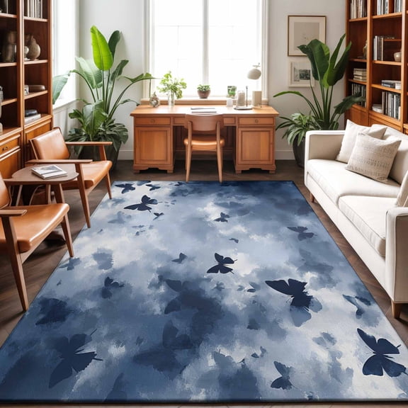 Blue Butterfly Washable Area Rug 9 x 12 ft Foggy Navy Blue Butterfly Silhouette, Soft Non Slip Rugs Stain Repellent Indoor Felt Carpet for Living Dining Room Bedroom Home Office