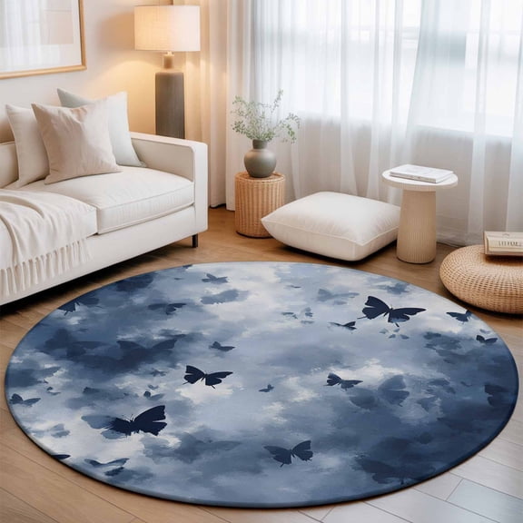 Blue Butterfly Washable Round Area Rug 3 ft, Foggy Navy Blue Butterfly Silhouette, Soft Non Slip Rugs Stain Repellent Indoor Felt Carpet for Living Dining Room Bedroom Home Office
