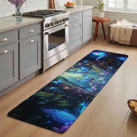 Blue Butterfly Washable Runner Rug 3X7 ft Dream Flower Forest Tree Plant Nature Non-Slip Hallway Runner Rug, Linen Kitchen Runner Mats, Indoor Floor Carpet for Entryway Bathroom Bedroom Living Room