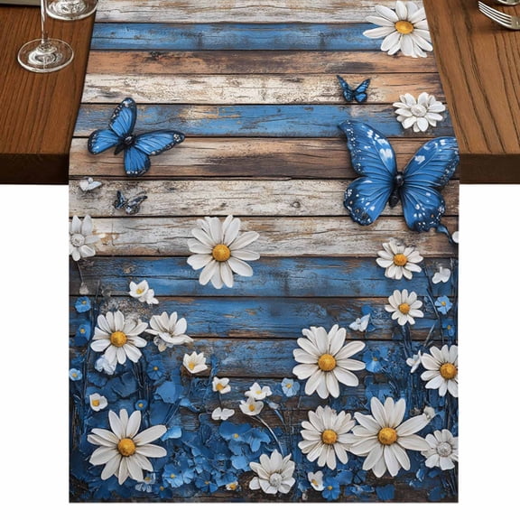 Blue Butterfly White Daisy 60 Inch Table Runner, Vintage Botanical Wooden Farmhouse Dresser Scarf Cotton & Linen Tablerunner for Dining/Kitchen Island/Holiday Party Décor 13" x 60"