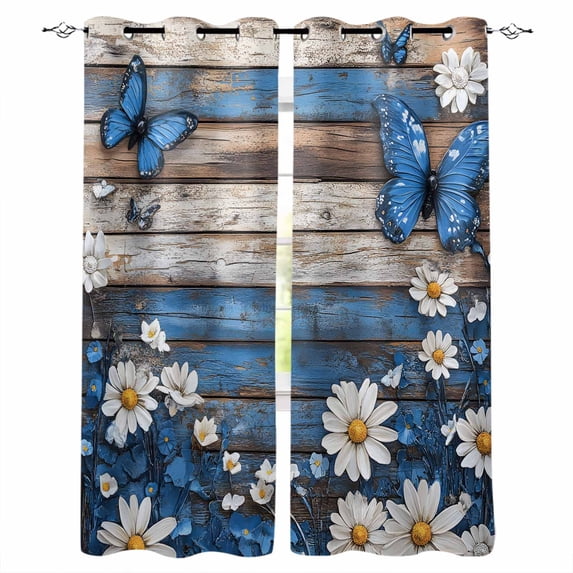 Blue Butterfly White Daisy Blackout Curtains for Bedroom Living Room Darkening Curtains 63 Inches Long Vintage Botanical Wooden Window Curtain 2 Panels Set Window Treatment Grommet Drapes 42"x63"