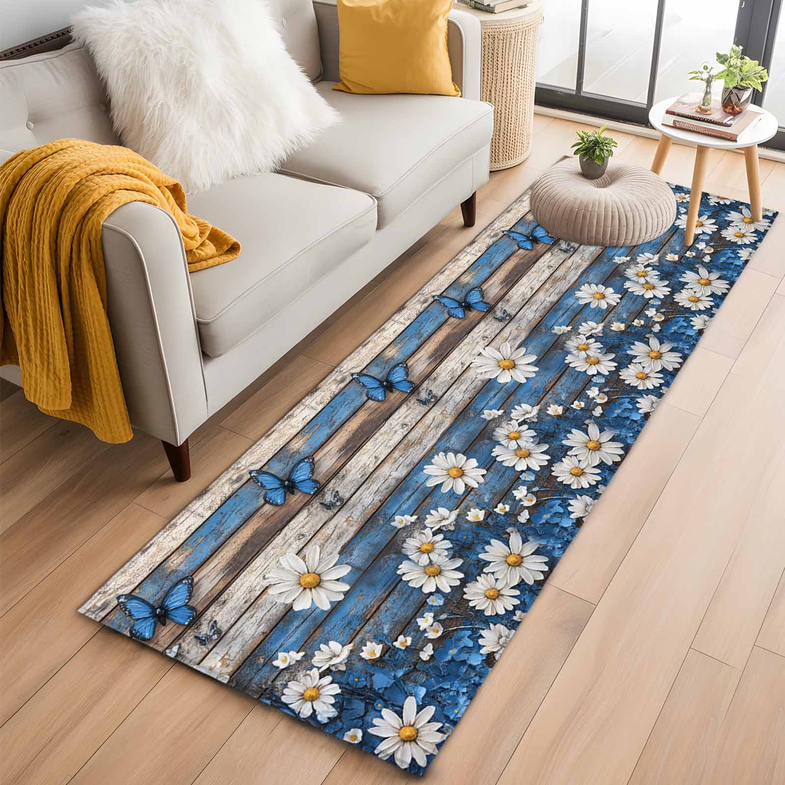 Blue Butterfly White Daisy Kitchen Runner Rug 2x6 Washable Runners for ...