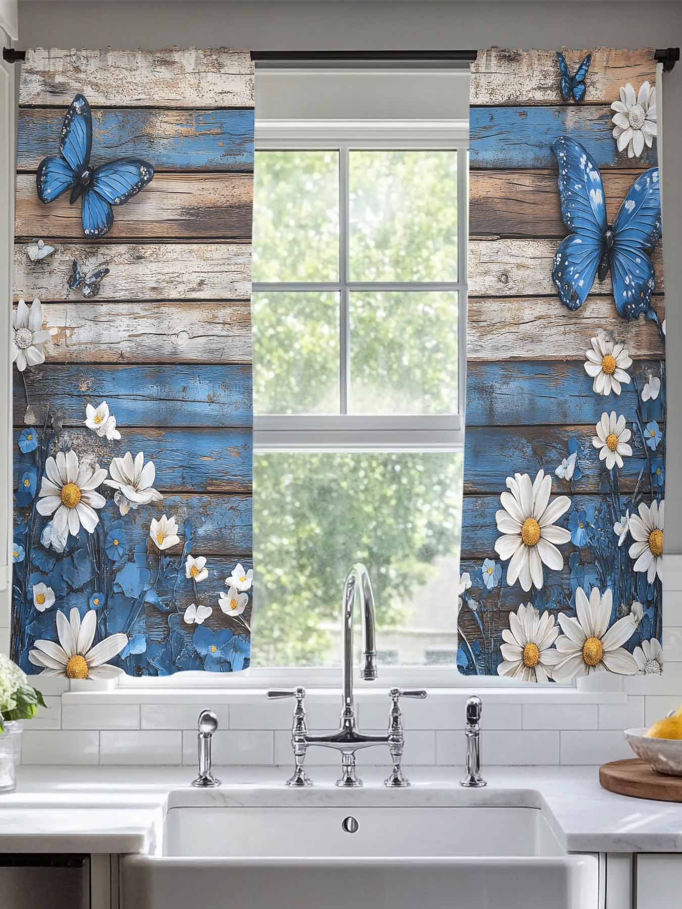 Blue Butterfly White Daisy Sheer Curtains for Living Room Bedroom