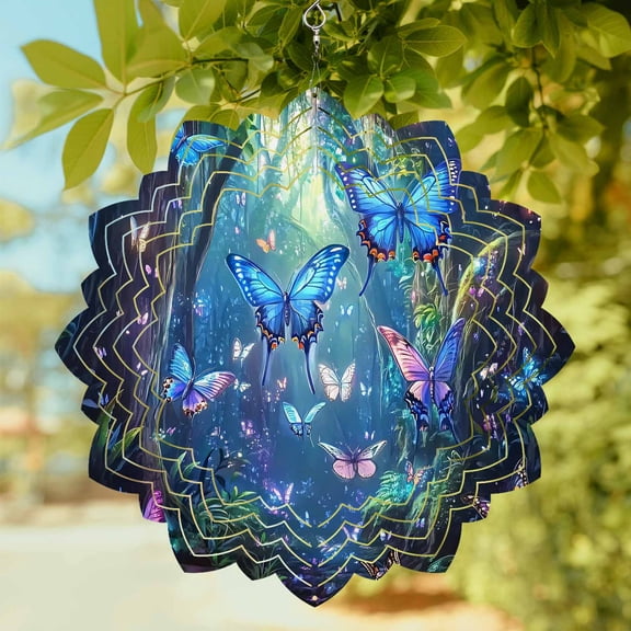 Blue Butterfly Wind Spinner for Garden Yard 8In, Dream Flower Forest Tree Plant Nature 3D Stainless Steel Kinetic Hanging Wind Spinners Rustproof Outdoor Decor for Lawn Patio Home