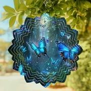 Blue Butterfly Wind Spinner for Garden Yard 8In, Shiny Dream Flower Forest Nature Plant 3D Stainless Steel Kinetic Hanging Wind Spinners Rustproof Outdoor Decor for Lawn Patio Home