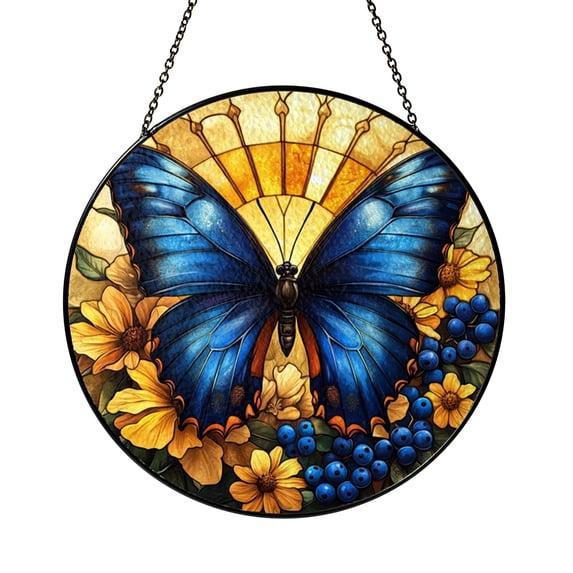 Blue Butterfly Window Art, Stained Glass Suncatcher, Colorful Floral ...