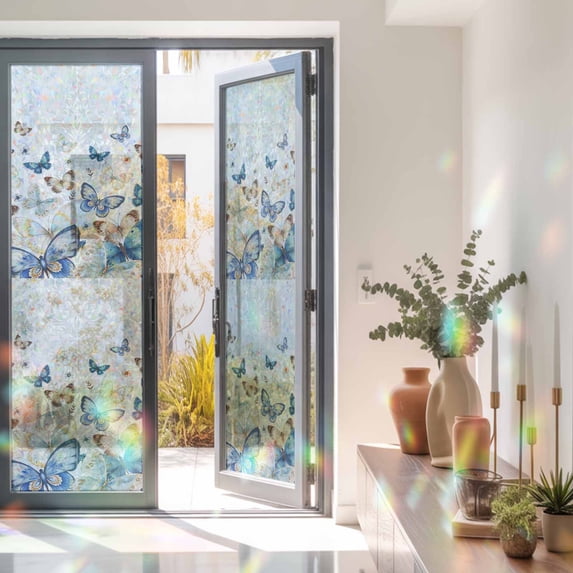 Window Letering Blue Butterfly Window Privacy Film Farmhouse Floral Static Cling ...