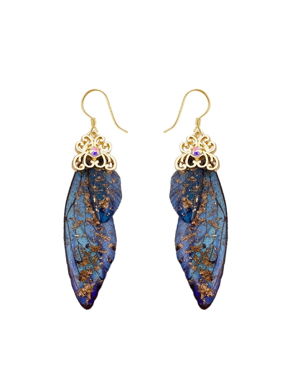 Blue Butterfly Wing Drop Dangle Earrings Gold Plated CZ Rhinestone Bee Dragonfly Wings Hook Hoops Earring for Women