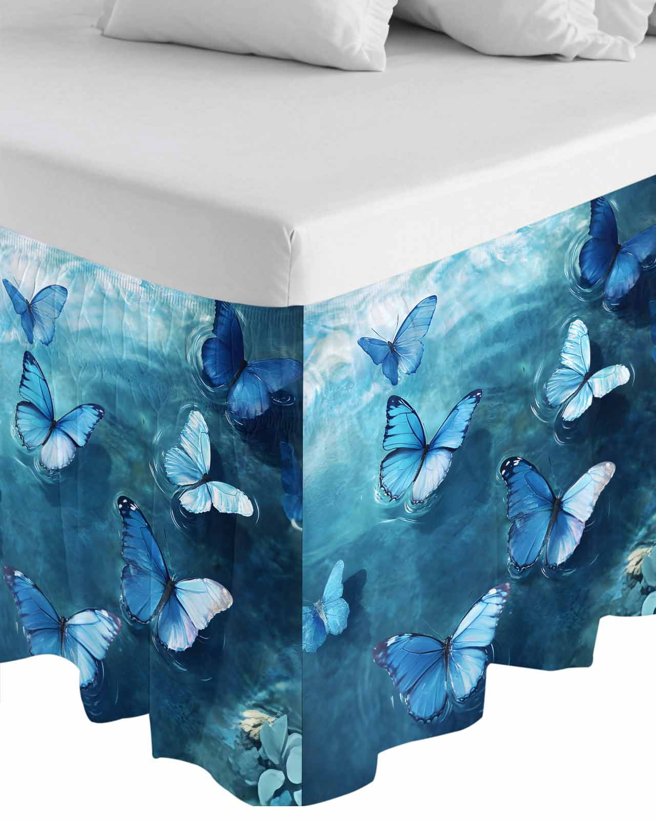 Blue Butterfly Wrap Around Bed Skirts for Queen Bed 16" Drop, Bed Skirt with Adjustable Elastic Belt Dust Ruffle Bed Valance for Bedroom Hotel Luxury Modern Elegant Water Ripples Bed Frame Cover