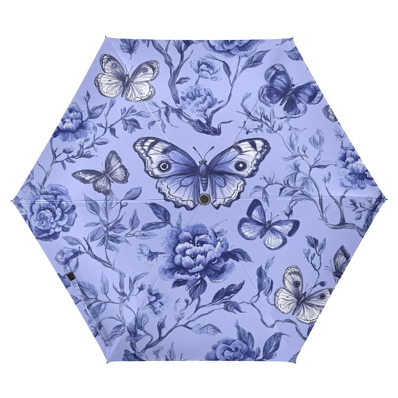 Blue Butterfly and Flower Pattern Folding Umbrella UV50+ Waterproof Sun Protection Auto Open Close Compact Fiberglass Frame