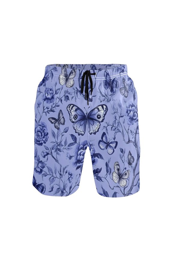 Blue Butterfly and Flower Pattern Mens Swim Trunks Quick Dry Board Shorts Breathable Fit Beach Shorts Swimwear
