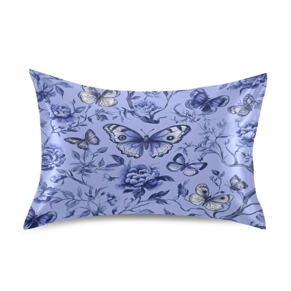 Blue Butterfly and Flower Pattern Queen Size Pillowcase Silky Smooth Finish Anti Wrinkle Design Easy Envelope Closure 20x30in