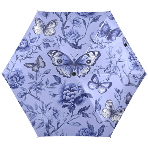 Blue Butterfly and Flower Pattern Umbrellas for Sun Auto Open Close UV50+ Waterproof 5-Fold Compact Fiberglass Frame