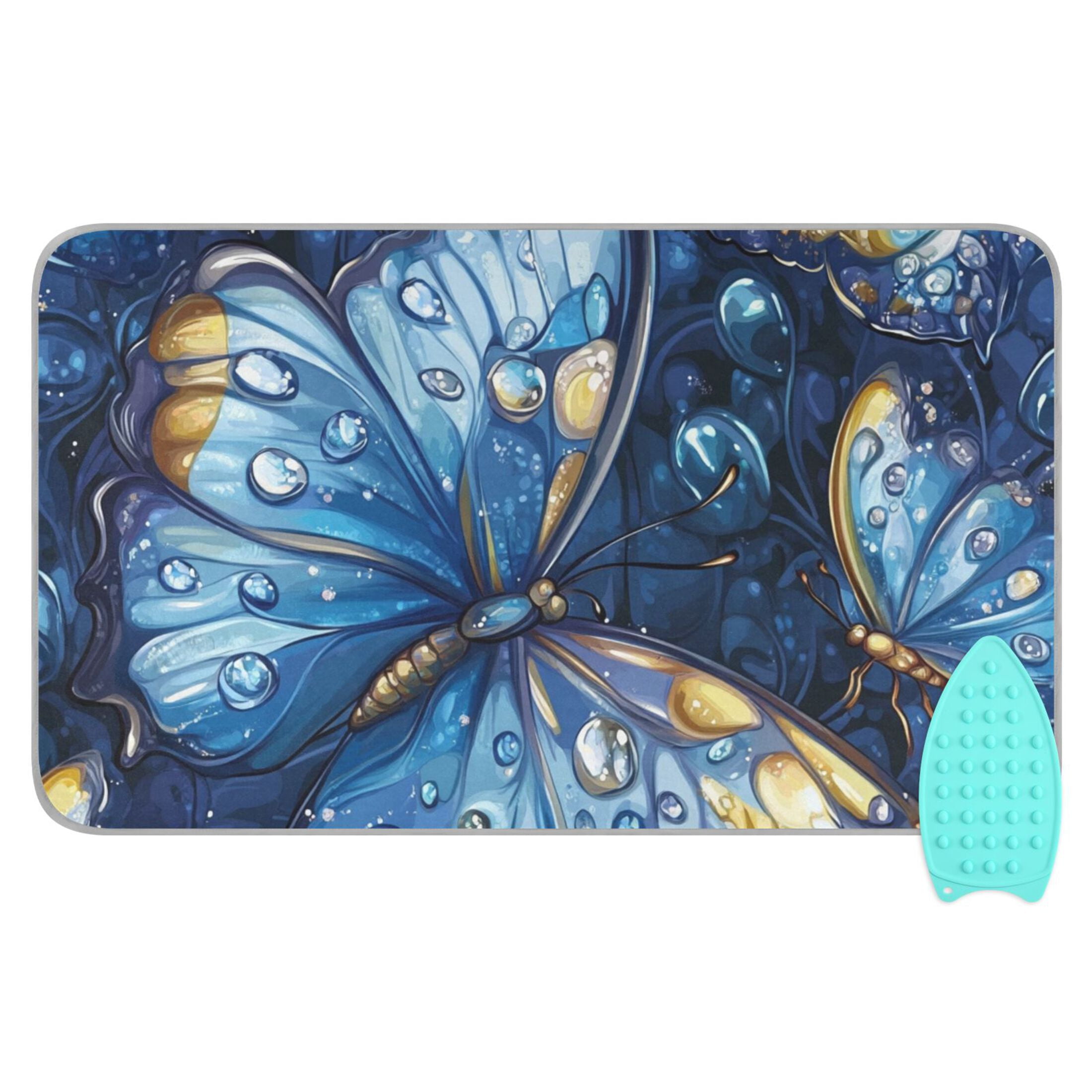 Blue Butterfly and Raindrop Ironing Mat Blanket Portable Travel Ironing Pad Heat Resistant Pad 47.2" x 27.6”