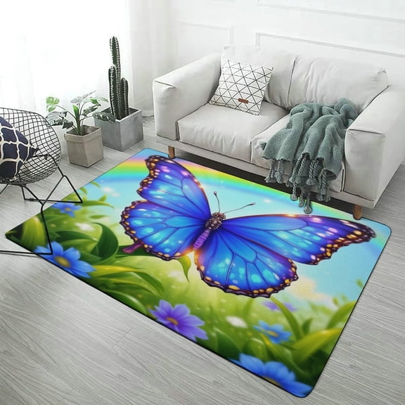 Blue Butterfly in Rainbow Garden Carpet Rug for Home Living Room Bedroom Sofa Doormat Decor Area Rug Non-slip Mat