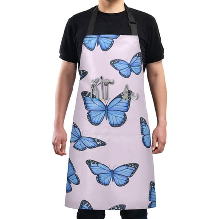 Blue Butterfly on Pink Chef Kitchen Apron with Pockets for Women Waterproof Aprons for Cooking Baking