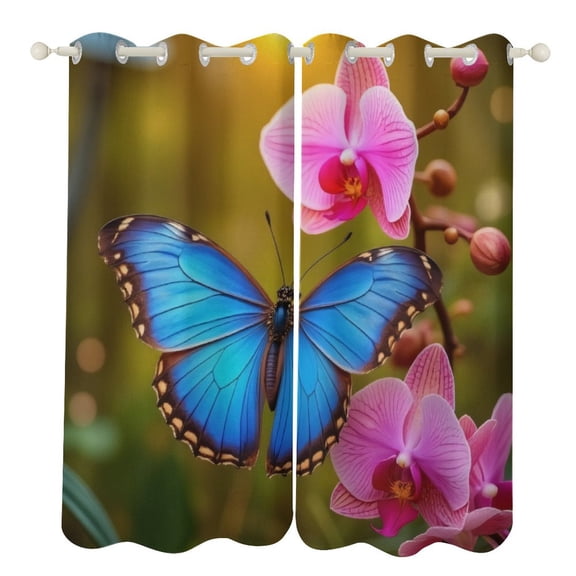 Blue Butterfly on Pink Orchids Luxury Window Curtains Blinds for Living Room Bedroom Bathroom Kicthen Door Home Decor 2 Panels