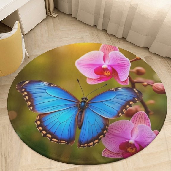 Blue Butterfly on Pink Orchids Round Area Rugs for Bedroom Living Room, 4FT Soft Comfy Indoor Circle Carpets, Floor Mat