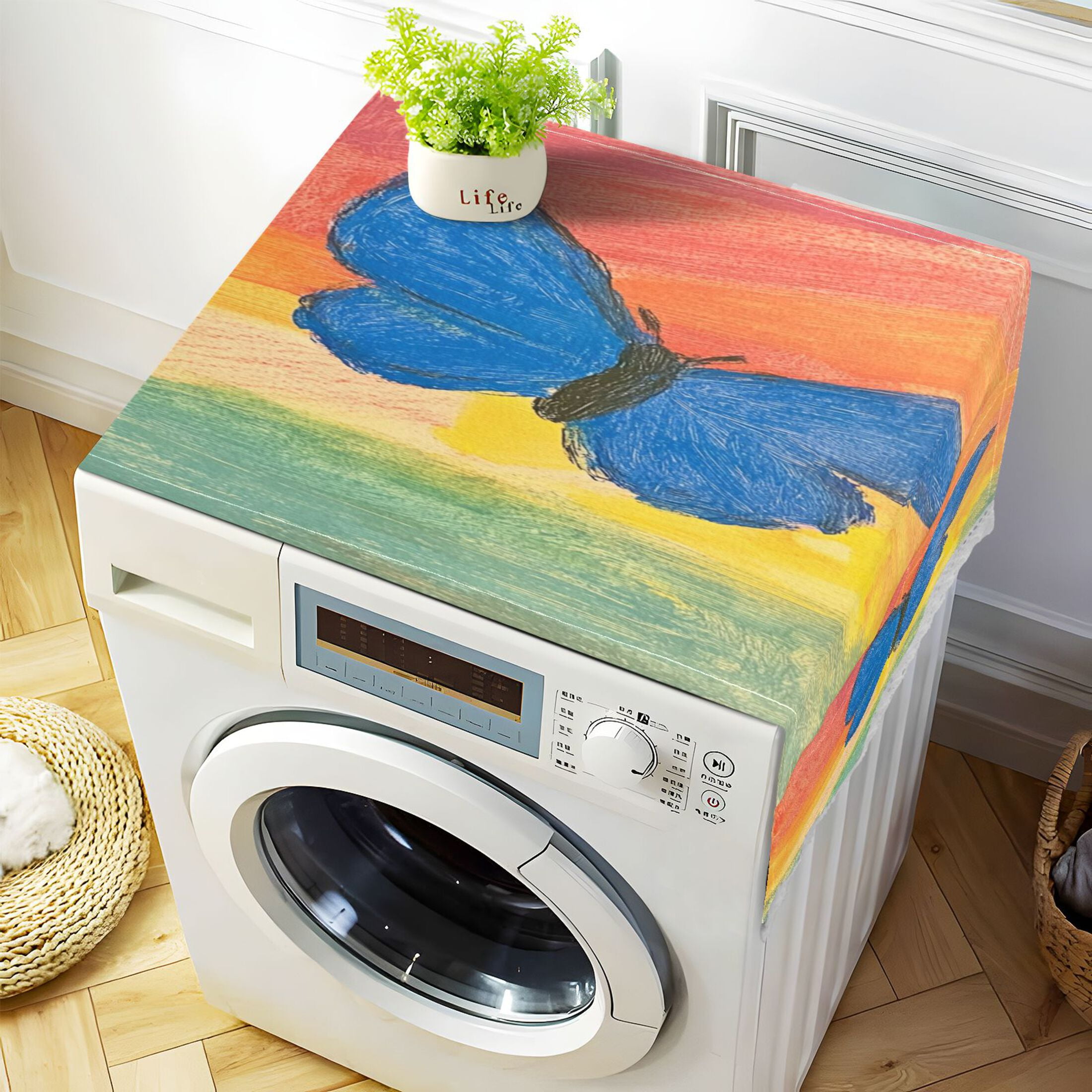 Blue ButterflyWasher and Dryer Covers Dust-Proof and Oil Resistant Fridge Cover with 4 Storage Pockets Washing Machine Top Cover for Laundry Kitchen Home 51.2 x 22 In