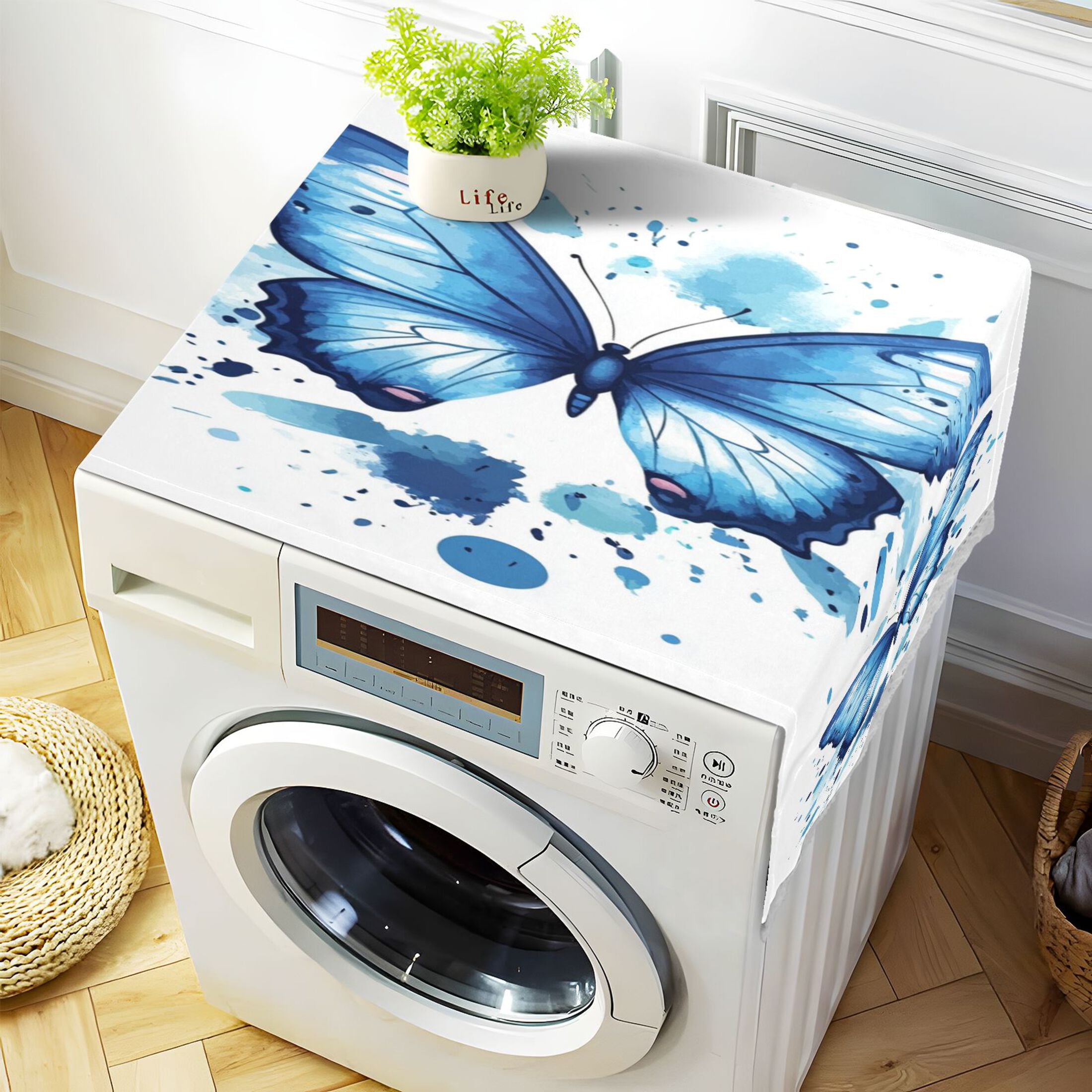 Blue ButterflyWasher and Dryer Covers Dust-Proof and Oil Resistant Fridge Cover with 4 Storage Pockets Washing Machine Top Cover for Laundry Kitchen Home 51.2 x 22 In