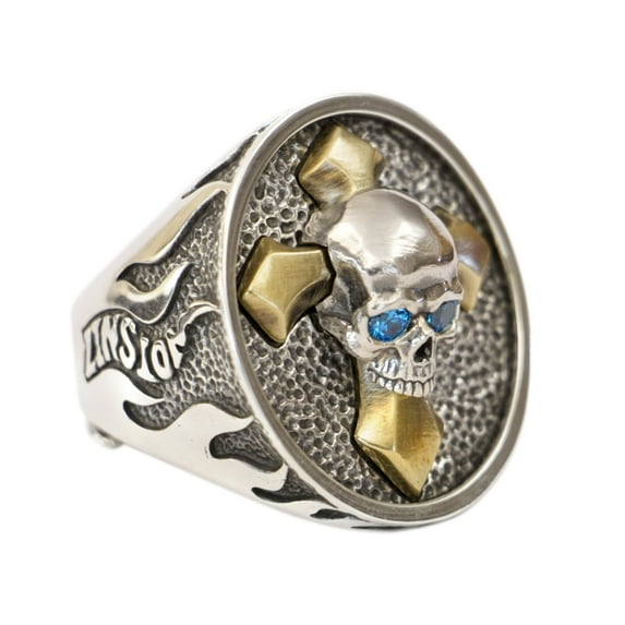 Blue CZ Eyes Brass Cross 925 Sterling Silver Fire Skull Ring TA445 US Size 14
