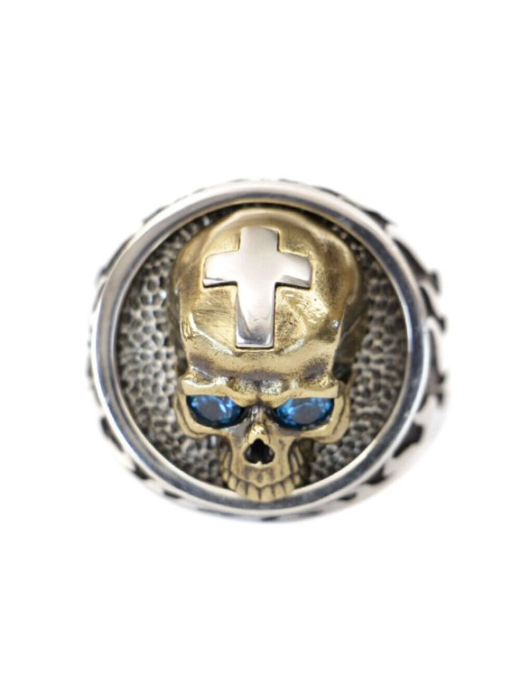 Blue CZ Eyes Brass Skull 925 Sterling Silver Fire Cross Ring TA454 US Size 9.5